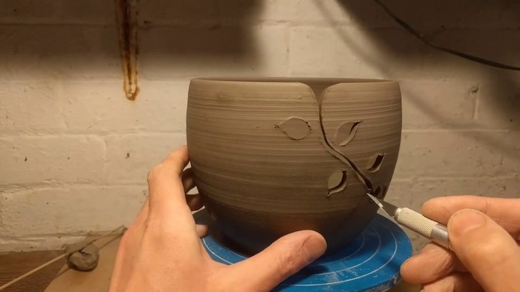 Sped up Carving a leaf pattern into yarn bowls. Making handmade pottery in my home studio