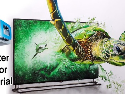 Watercolor Sea Turtle Painting Video Short Version underwater tortoise and shark race in 3D TV