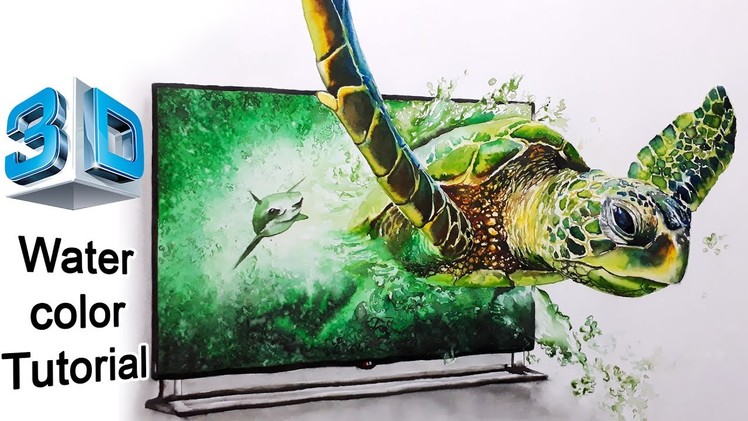 Watercolor Sea Turtle Painting Video Short Version underwater tortoise and shark race in 3D TV