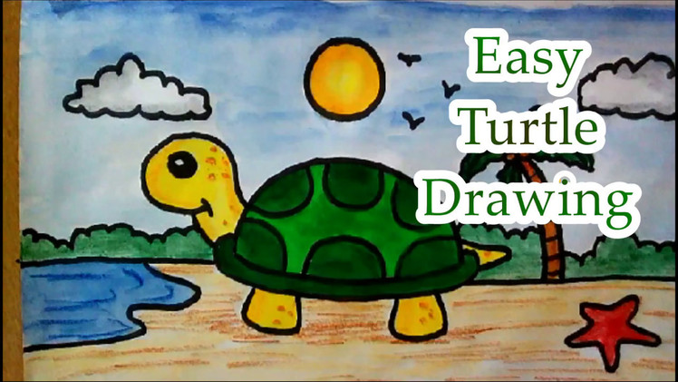 Easy cute cartoon turtle drawing step by step tutorial for kids