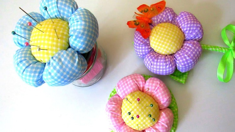 How to Make Simple Fabric Flower - 3 DIY Ideas - Pincushion Jar, Topiary, Tutorial, Crafts