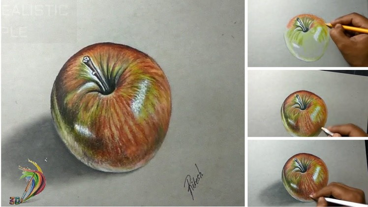 Hyper Realistic Drawing of Apple ( Time Lapse ) - 3D Art 4 You