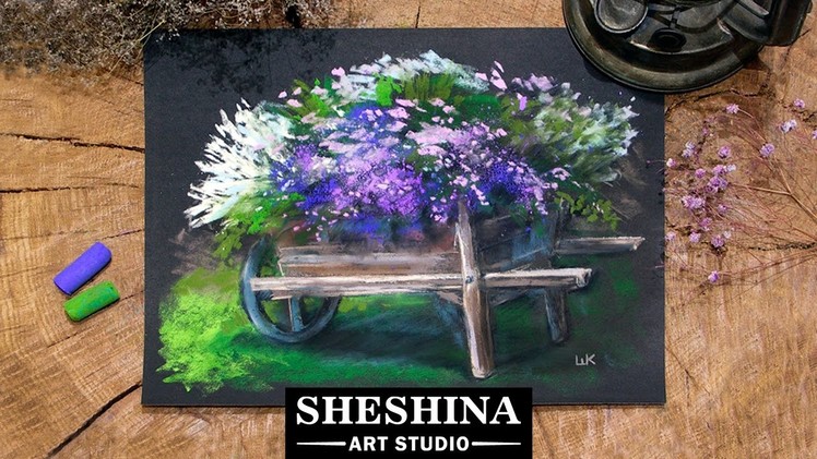How to draw a wheelbarrow of flowers with soft pastels ???? Flowers