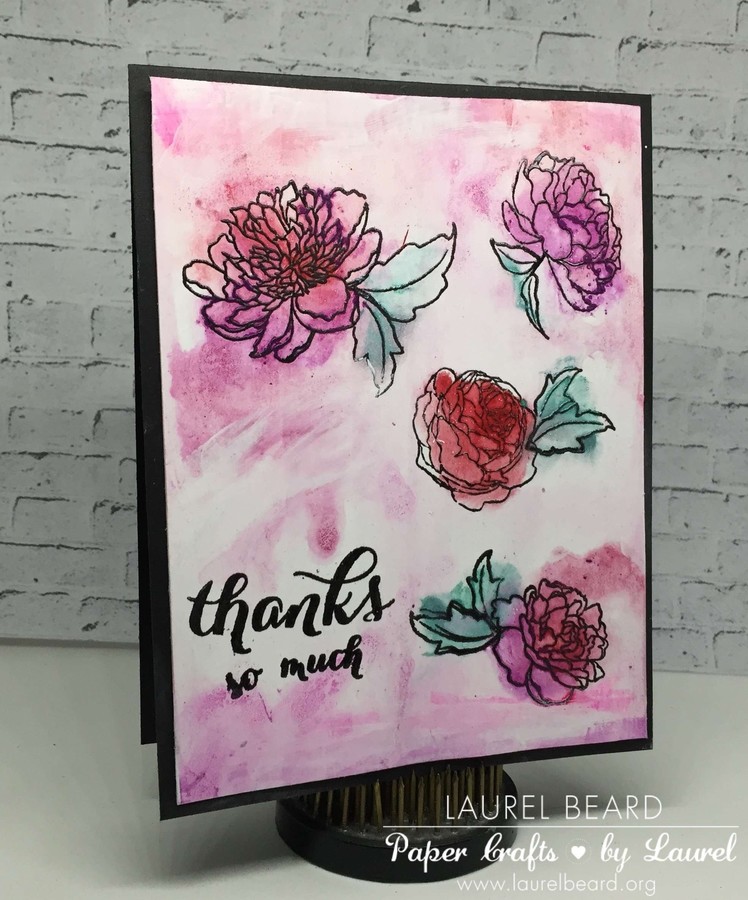 A card using Gelatos, Gesso and Peonies