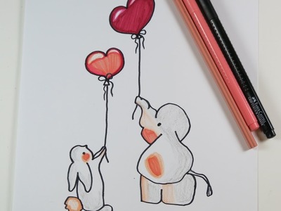 DIY Drawing Elephant and Bunny with Heart Balloons, Cute Drawings for Valentine's.