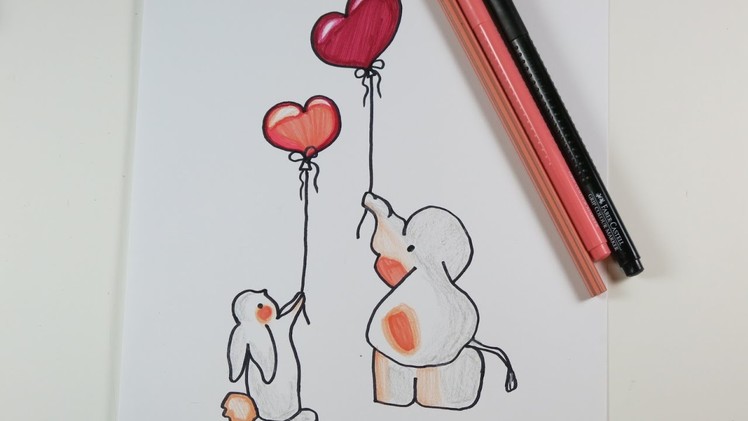 DIY Drawing Elephant and Bunny with Heart Balloons, Cute Drawings for Valentine's.