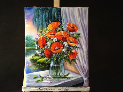 Bouquet Of Poppies In Glass Vase On Windowsill Acrylic Painting