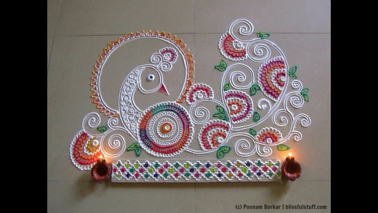 Easy peacock rangoli using cotton bud and finger technique | Innovative rangoli by Poonam Borkar