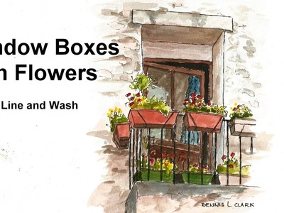 Line and wash watercolor painting tutorial - window boxes