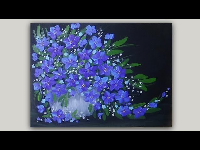 Acrylic Painting Blue Violet Flowers in a Vase