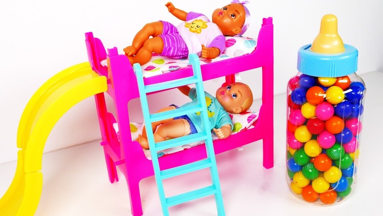 Baby Doll Bunk Bed Playset with Slide Learn Colors with Candy Babies Eating Lots of Candy