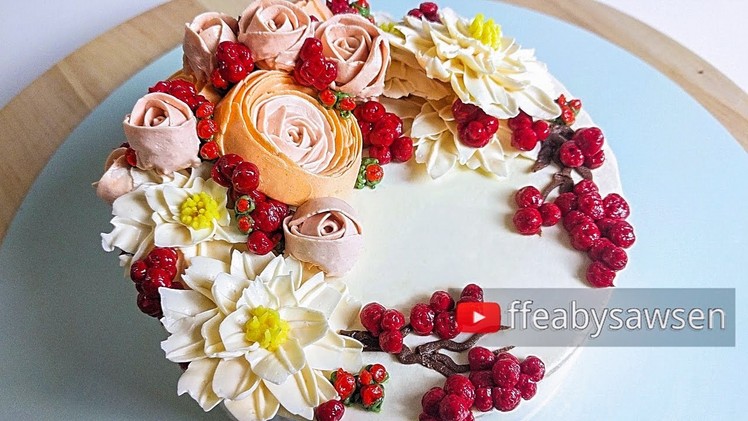 Beautiful Bouquets 5.5: red berry buttercream flower wreath cake tutorial - relaxing cake decorating