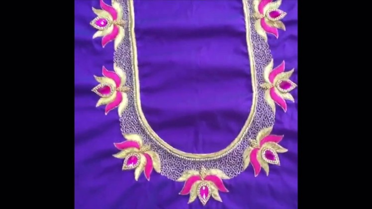 Lotus maggam work blouse design with Kundan chain silk zari thread beads - maggam works