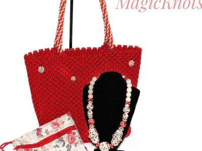 Red Macrame Bag #1 & Wooden Necklace ♥