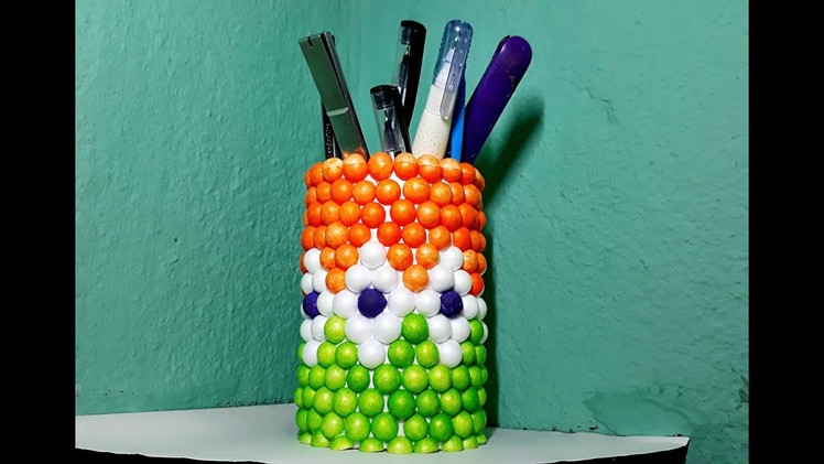 How to make a pen stand or pen holder by useing thermocol ball that's look like indian flag.