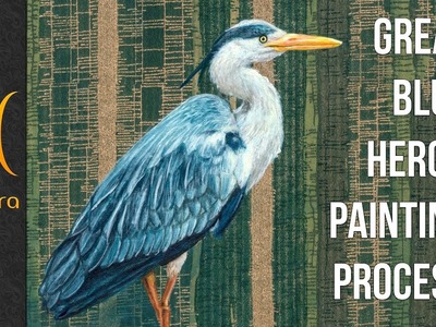 Mini Great Blue Heron Bird Acrylic Painting Process - by Barbara Din