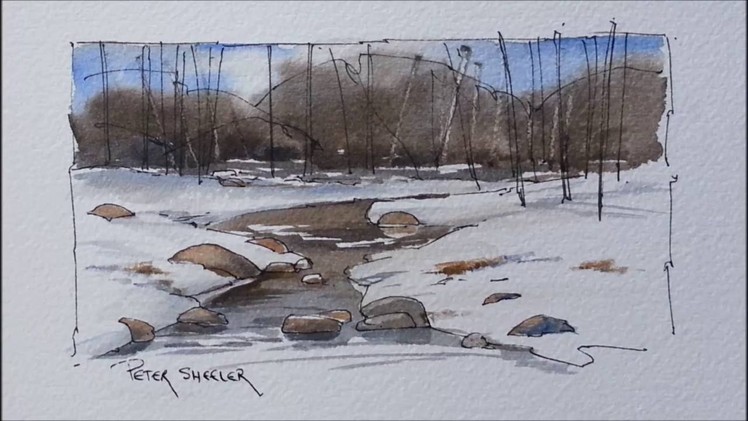 A Winter Stream in Line and Wash watercolor by Peter Sheeler. Great for beginners to follow