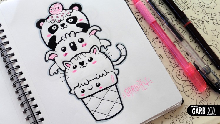 ♥ Kawaii Animals Ice Cream ♥ Panda, Koala and Cat ♥ Doodles ♥ Easy Drawings by Garbi KW