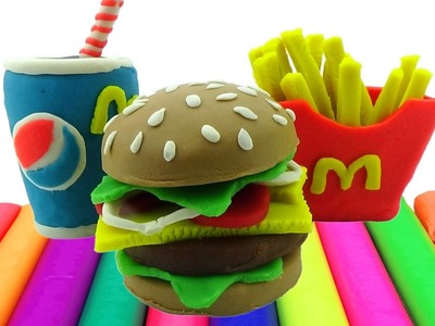 How to make Play Doh Food Mcdonald's Hamburger, Fries, Pepsi || Learn colors for Kids