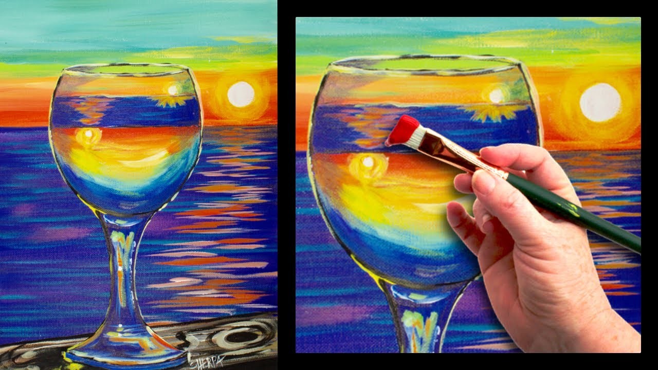 Sunset reflected in a glass  easy beginner painting  