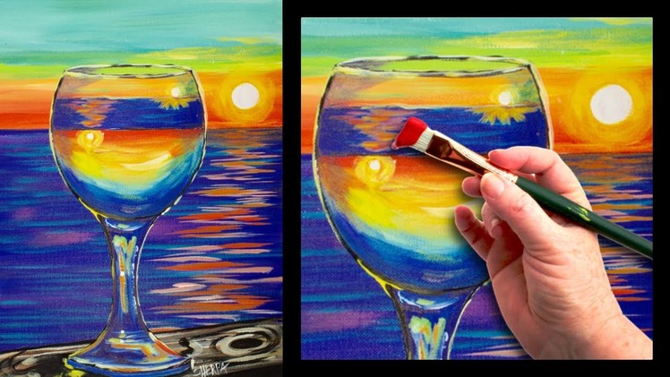 Sunset reflected in a glass easy beginner painting tutorial ????????