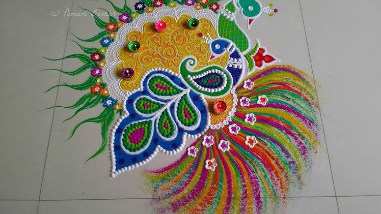 Beautiful and unique peacock rangoli for festival | Innovative rangoli designs by Poonam Borkar