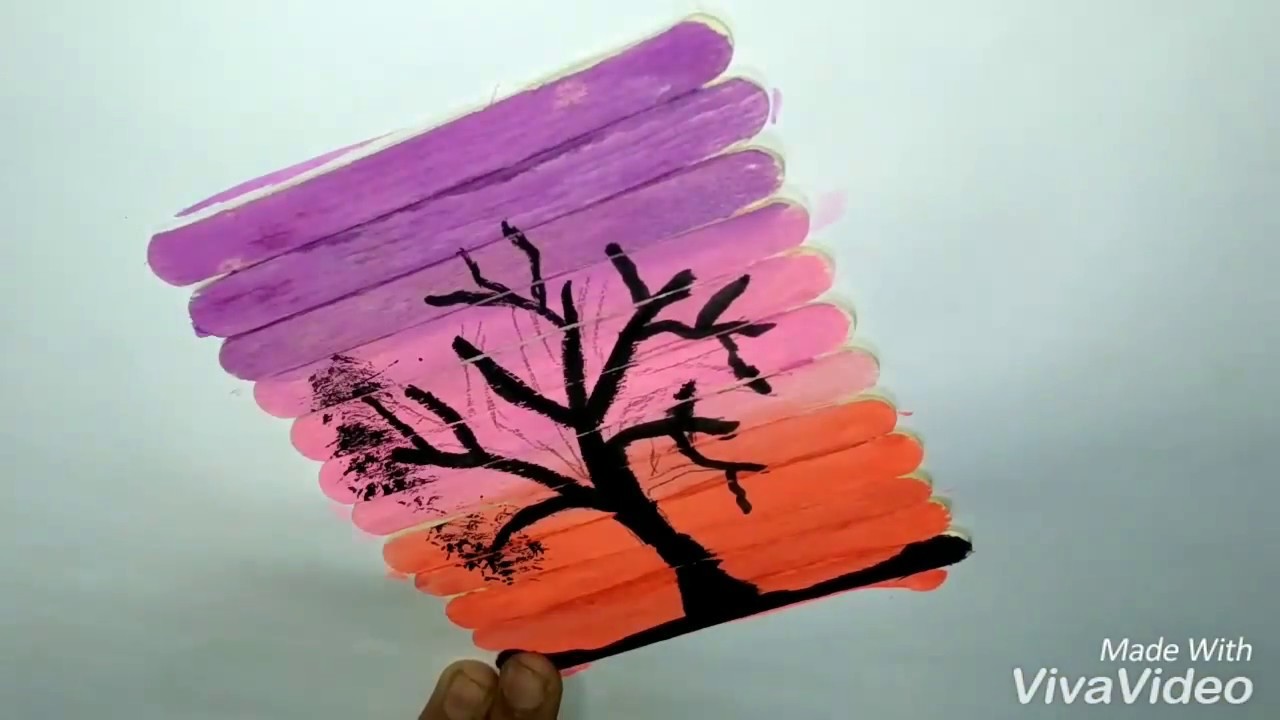 DIY How to make a tree painting of water color on ice cream sticks step by step\ Popsical stick art