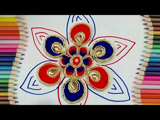 How to draw flower with patch (motifs) art ? (Very easy) DIY ART CRAFT AND DRAWING