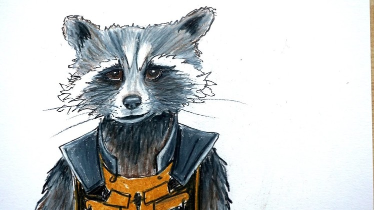 How to draw Rocket Raccoon from Guardians of the Galaxy with colored pencils