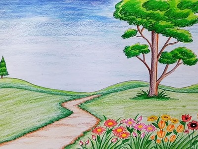 How to draw  scenery of flower garden step by step (very easy)