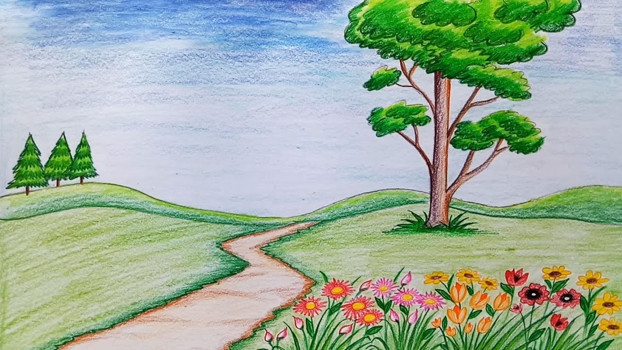 How To Draw Scenery Of Flower Garden Step By Step Very Easy