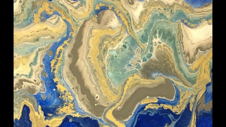 Acrylic Dirty Pour Fluid Painting: Dark Blue, Gold, White, Gray, and Sea Green