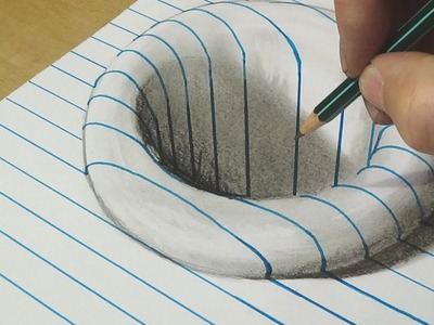 Drawing Round Hole in Lined Paper - Trick Art with Charcoal Pencils - Anamorphic Illusion