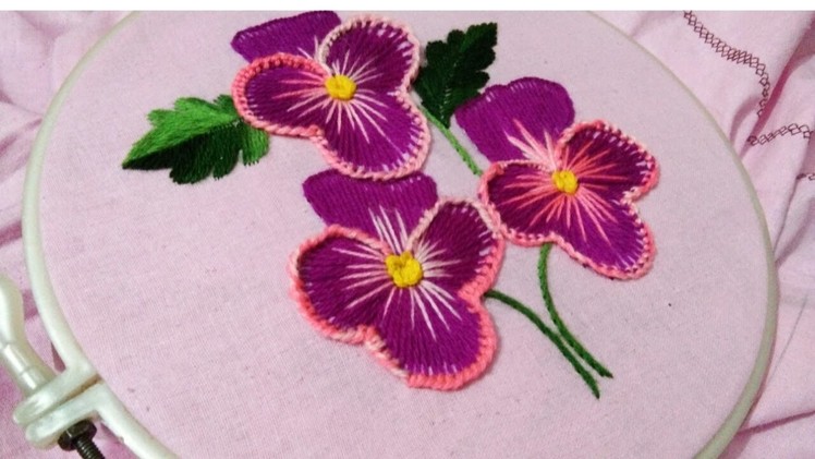 Hand embroidery pansy flower with botton hole stitch derivative