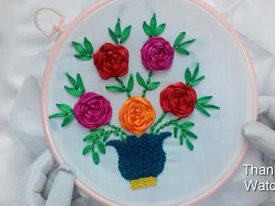 Hand Embroidery - Ribbon Spider Web Roses in Pot Stitch