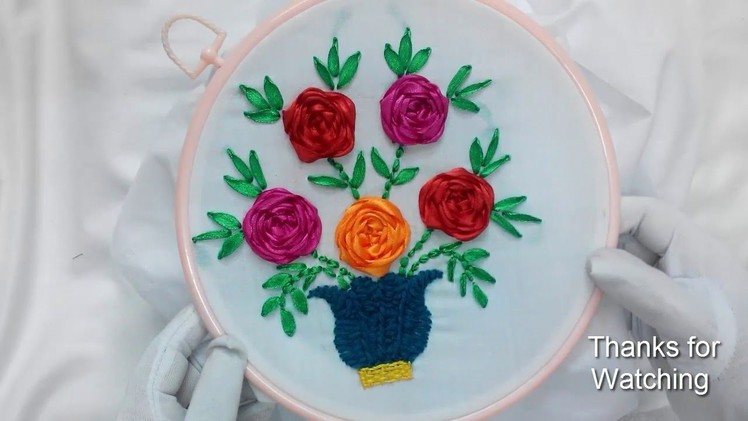 Hand Embroidery - Ribbon Spider Web Roses in Pot Stitch