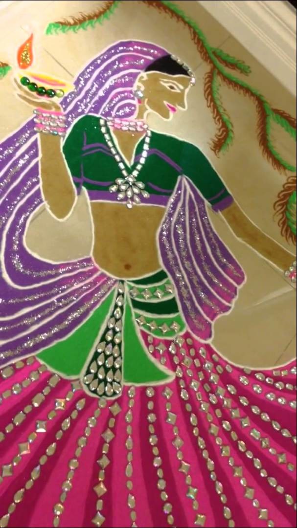 How to make rangoli of dancing Radha