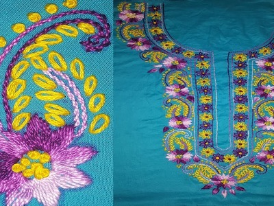Lazy daisy and pola tanka stitch neck design for begginers