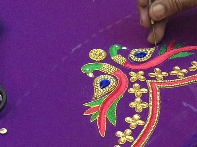 Peacock Embroidery work on Pattu blouse - hnad Embroidery work