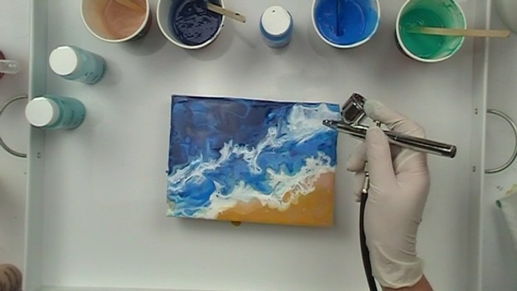 "Seaside Pour" Fluid Arte with Airbrush and Primary Elements by Cindy Porter