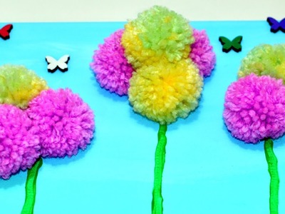 3D Pom Pom Flowers Canvas yarn diy art craft how to make it room decor idea tutorial hack gift wall