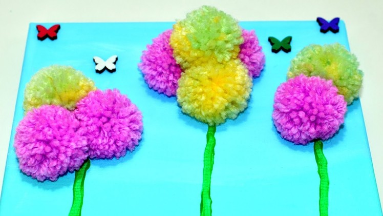 3D Pom Pom Flowers Canvas yarn diy art craft how to make it room decor idea tutorial hack gift wall