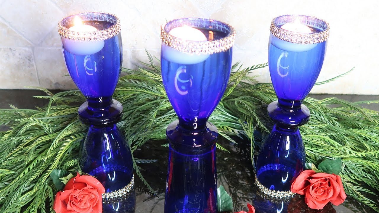 DIY Dollar Tree Floating Candle Holder, Bohemian Style Navy Blue and Gold