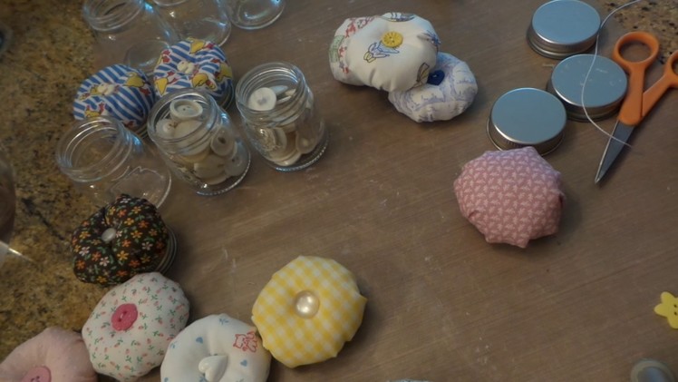 Dollar Tree Craft DIY: Process Video for Small Mason Jar Pin Cushion sewing kits.Baby Shower Favors