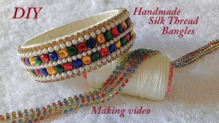 DIY || how to make designer silk thread stone bangles at home || handmade tutorial