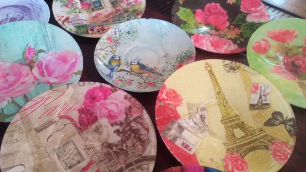 DIY:Upcycle.Decoupage.Modpodge Glass Plates.Saucers with Paper Napkin.Tissue Paper