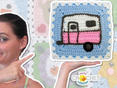 Vintage Camper Travel Trailer Blanket Square - Crochet Motif - August Calendar Blanket