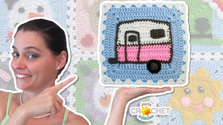Vintage Camper Travel Trailer Blanket Square - Crochet Motif - August Calendar Blanket