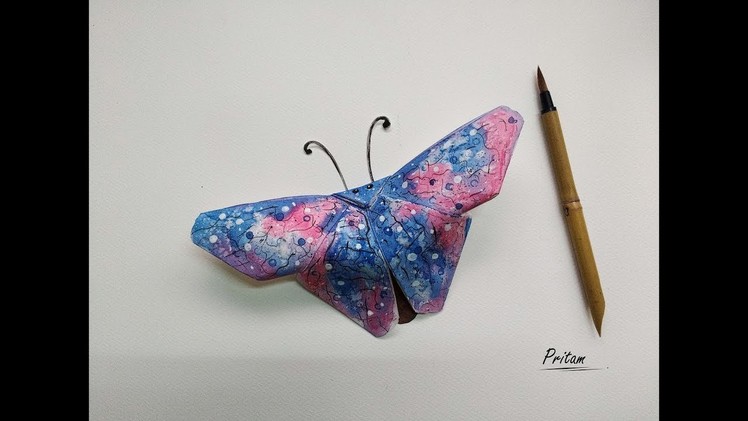 DIY - How to make & paint a Paper Butterfly  (Origami + Watercolor Painting,  easy and step by step)