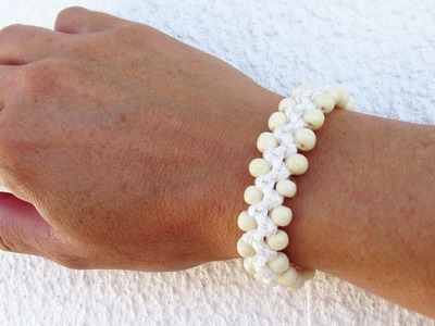 How to make a white macrame bracelet with sliding knot and beads - #122